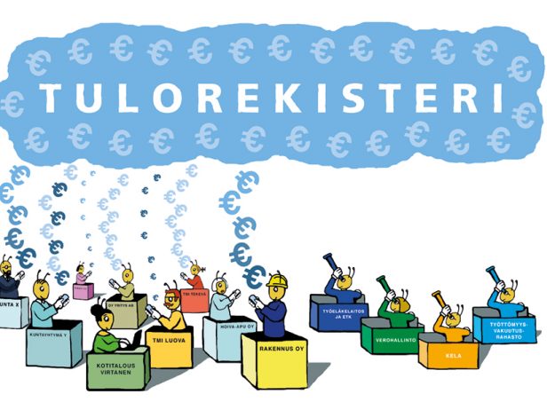 Piirroksessa yrittäjälaatikoita, joista menee euron tunnuksia tulorekisteripilveen ja työeläkelaitosten, Eläketurvakeskuksen, Kelan, Verohallinnon ja työttömyysvakuutusrahaston laatikoissa hahmot katsovat tulorekisteripilveä kaukoputkilla.