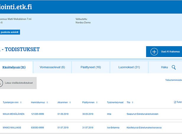 A1-hakemuspalvelun etusivu.