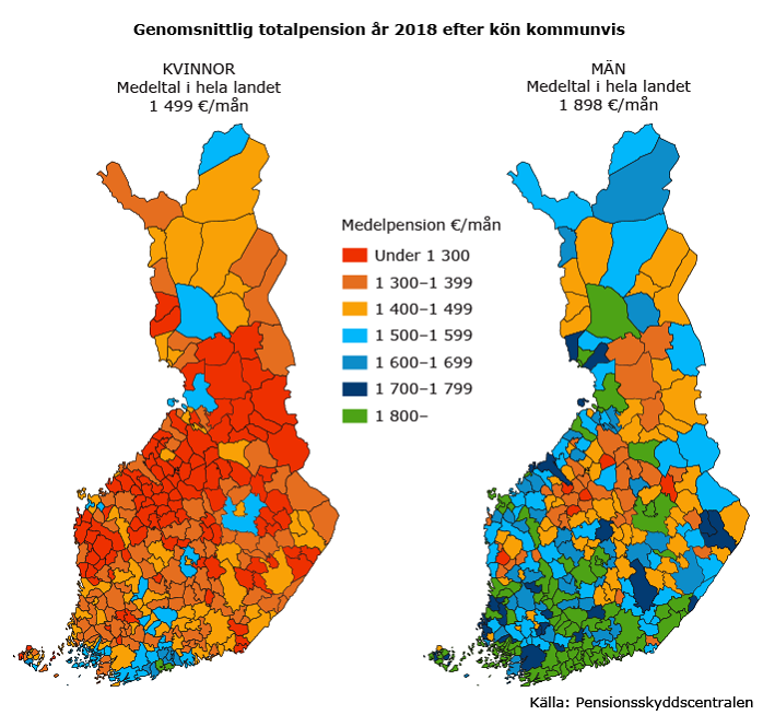 Genomsnittlig totalpension år 2018 efter kön kommunvis