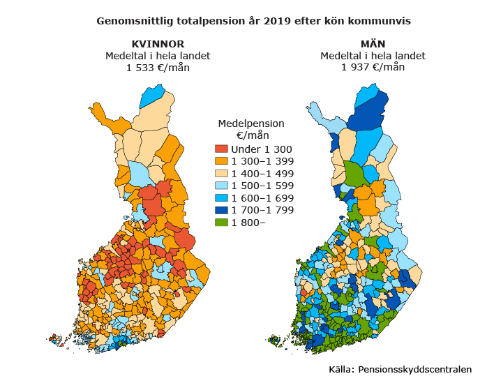 Genomsnittlig totalpension år 2019 efter kön kommunvis