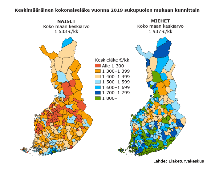 KeskimääräKuntakarttakuvio naisten ja miesten kokonaiseläkkeestä luokiteltuna eläkkeen suuruuden mukaan. Pienimmässä luokassa eläke on alle 1 300 euroa kuukaudessa. Tähän luokkaan kuuluu naisilla 68 kuntaa ja miehillä 1 kunta. Suurimmassa luokassa eläke on yli 1 800 euroa kuukaudessa. Tähän luokkaan kuuluu naisilla 6 kuntaa ja miehillä 95 kuntaa.