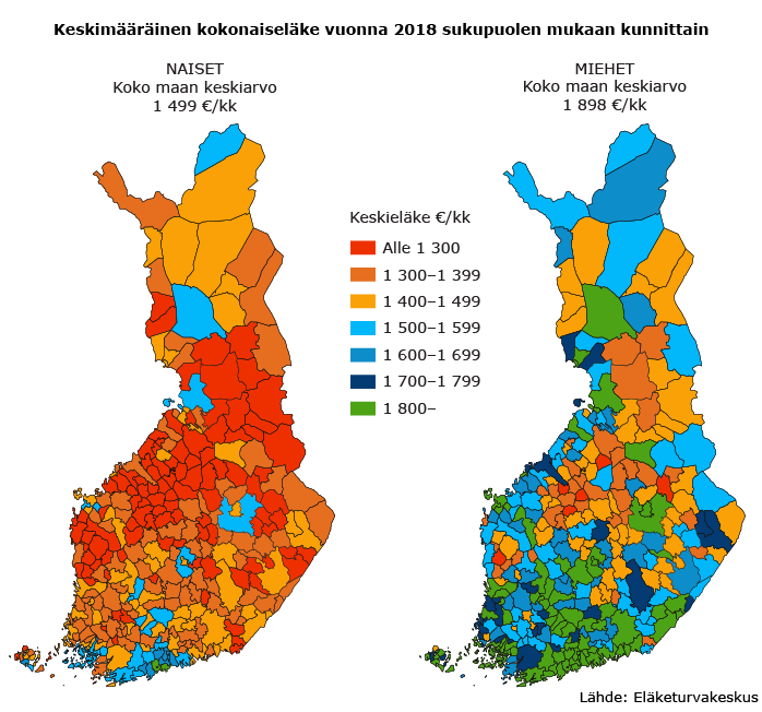 Keskimääräinen kokonaiseläke vuonna 2018 sukupuolen mukaan kunnittain