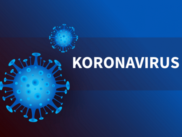 Sinisellä taustalla sininen kuva koronaviruksesta ja teksti koronavirus.