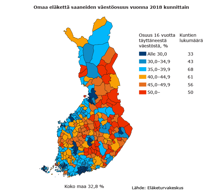 Omaa eläkettä saaneiden väestöosuus vuonna 2018 kunnittain