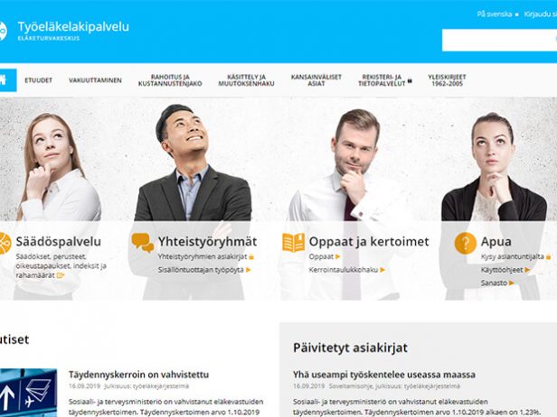 Kuvakaappaus Työeläkelakipalvelun etusivusta.
