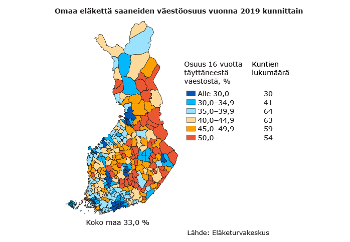 16 vuotta täyttäneiden omaa eläkettä saaneiden väestöosuus vuonna 2019 kunnittain. Kuntakarttakuvio eläkeläisten väestöosuudesta luokiteltuna osuuden suuruuden mukaan.