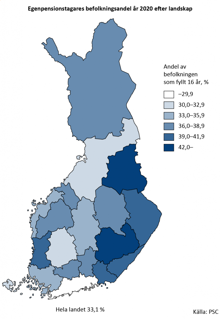 Egenpensionstagarnas befolkningsandel efter landskap år 2020. I Finland är en tredjedel av alla som fyllt 16 år pensionstagare. Landskapet med den största andelen pensionärer är Södra Savolax. På följande platser kommer Kajanaland  och Kymmenedalen. Endast Nyland har mindre än 30 procent pensionärer. 