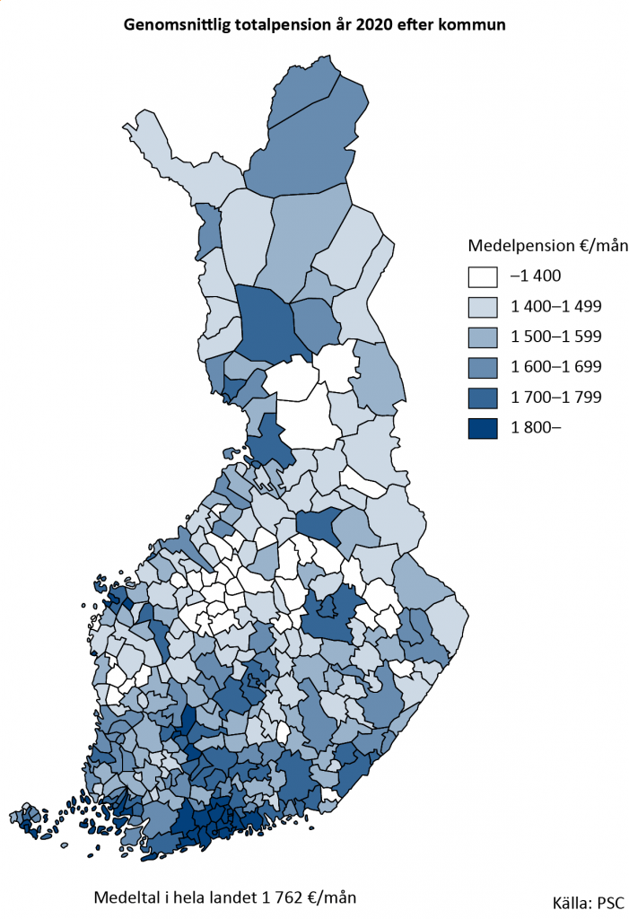 Genomsnittlig totalpension år 2020 efter kommun. År 2020 var den genomsnittliga totalpens-ionen 1 762 euro i månaden. Störst var den genomsnittliga totalpensionen i Grankulla i Ny-land. Den lägsta medelpensionen påträffas i Sydösterbotten, i Storå. 