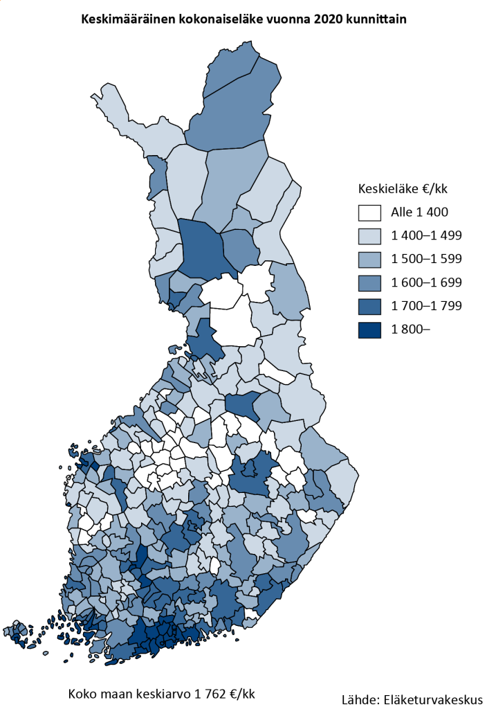 Keskimääräinen kokonaiseläke vuonna 2020 kunnittain. Vuonna 2020 keskimääräinen kokonaiseläke oli 1 762 euroa kuukaudessa. Suomen suurin keskimääräinen kokonaiseläke oli Uudellamaalla Kauniaisissa. Suomen pienin keskieläke oli Etelä-Pohjanmaalla Isojoella.