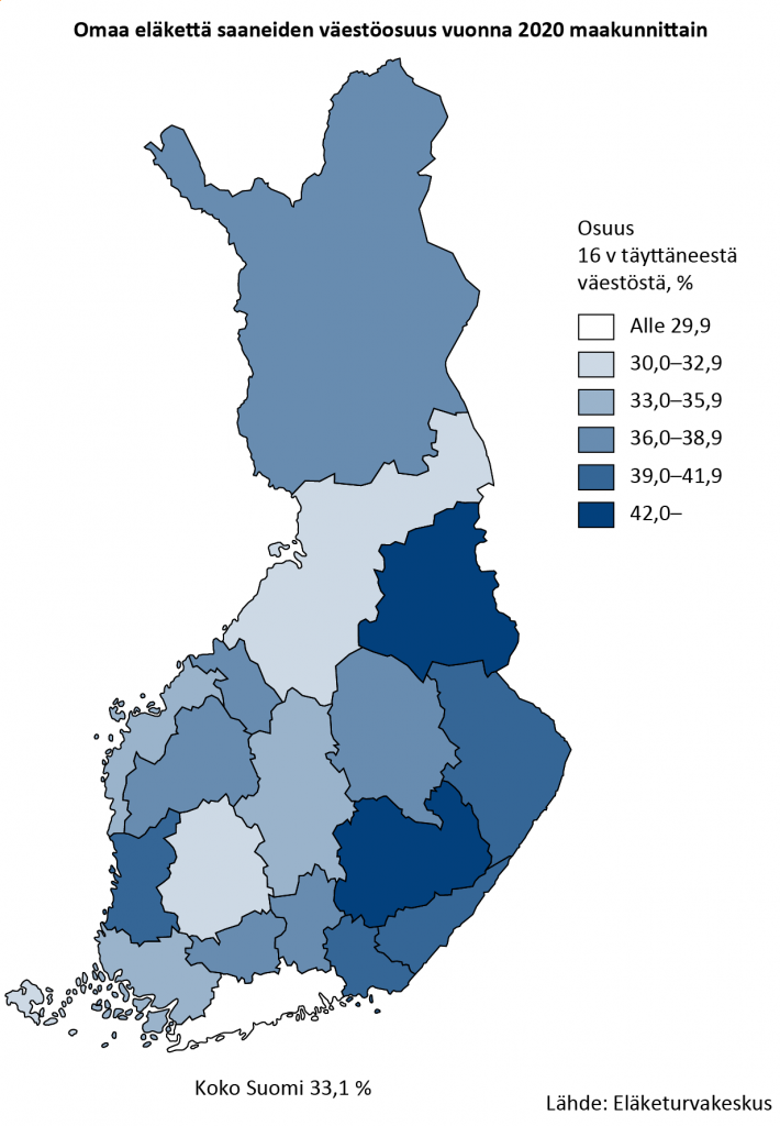 Omaa eläkettä saaneiden väestöosuus maakunnittain 2020. Kaikista Suomen 16 vuotta täyttäneistä eläkettä saavia on kolmannes. Suomen eläkeläisvaltaisin maakunta on Etelä-Savo. Seuraavaksi tulevat Kainuu ja Kymenlaakso. Ainoastaan Uudellamaalla eläkeläisiä on alle 30 prosenttia.