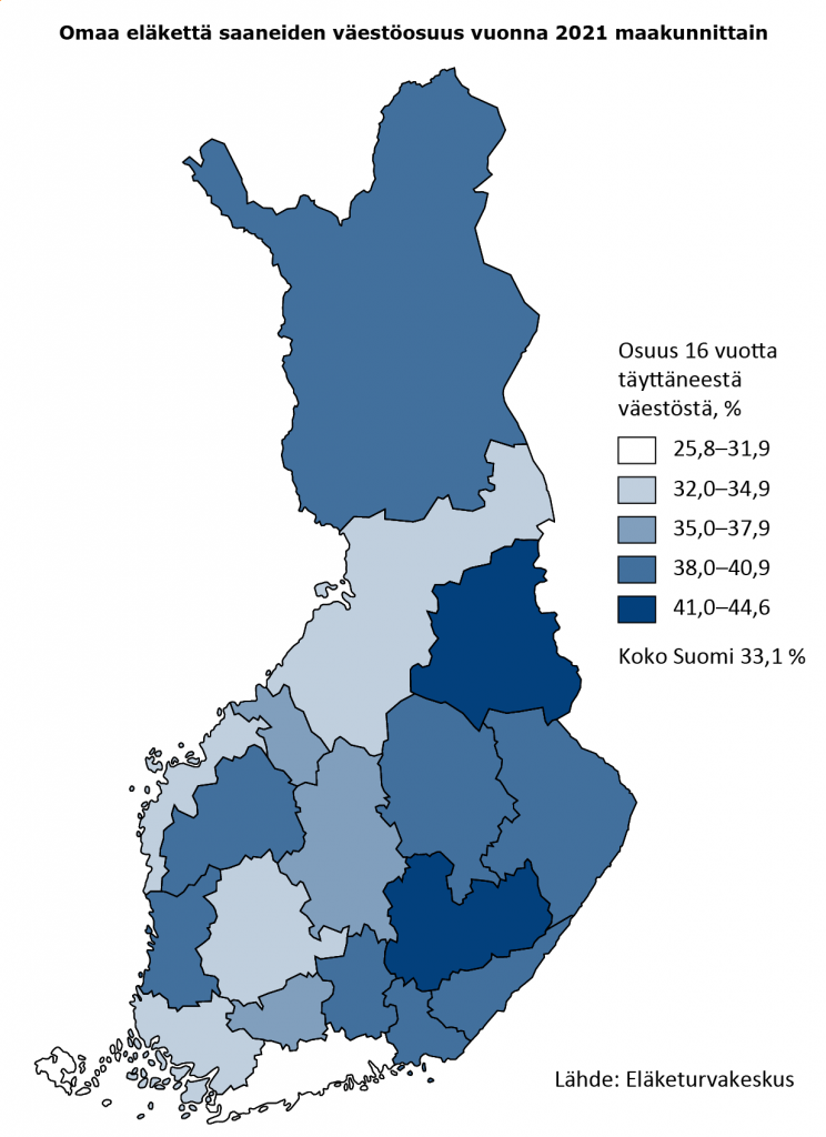 Omaa eläkettä saaneiden väestöosuus maakunnittain 2021