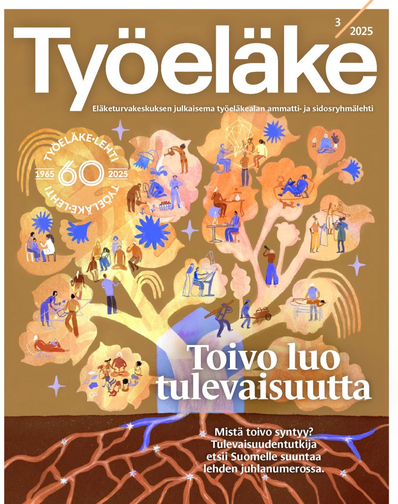 Työeläke-lehden kansikuvassa kuvitus isosta kultaa hohtavasta puusta, jossa eri ammattikuntien työtä tekeviä hhamoja oksistolla.