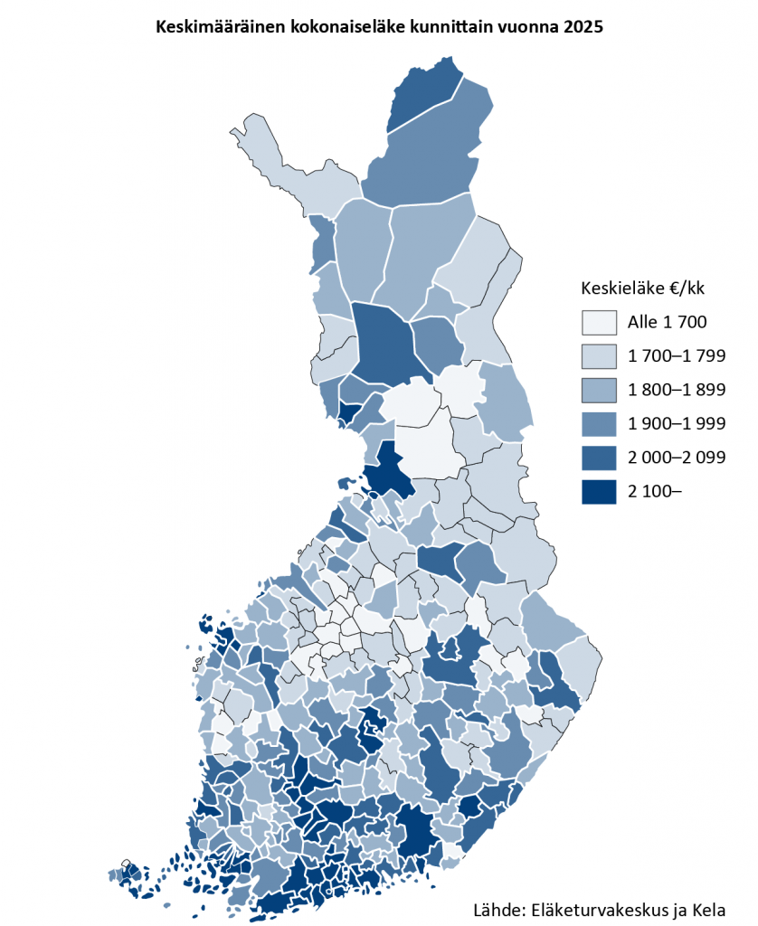 Kuvio kuvaa keskieläkkeen alueellisia eroja Suomessa. Keskimäärin suurimmat eläkkeet maksetaan Uudellamaalla ja pienimmät Etelä Pohjanmaalla. Kuntatasolla Kauniaisissa keskieläke on korkein, 3 850 euroa kuukaudessa. Espoossa keskieläke on 2 846 euroa ja Helsingissä 2 640 euroa. Pienin keskieläke maksetaan Soinin kunnassa, jossa se on 1 596 euroa kuukaudessa.